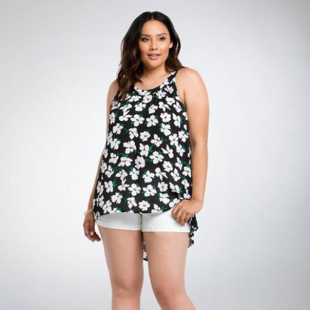 Torrid Black and White Floral Chiffon Hi-Lo Tank Top